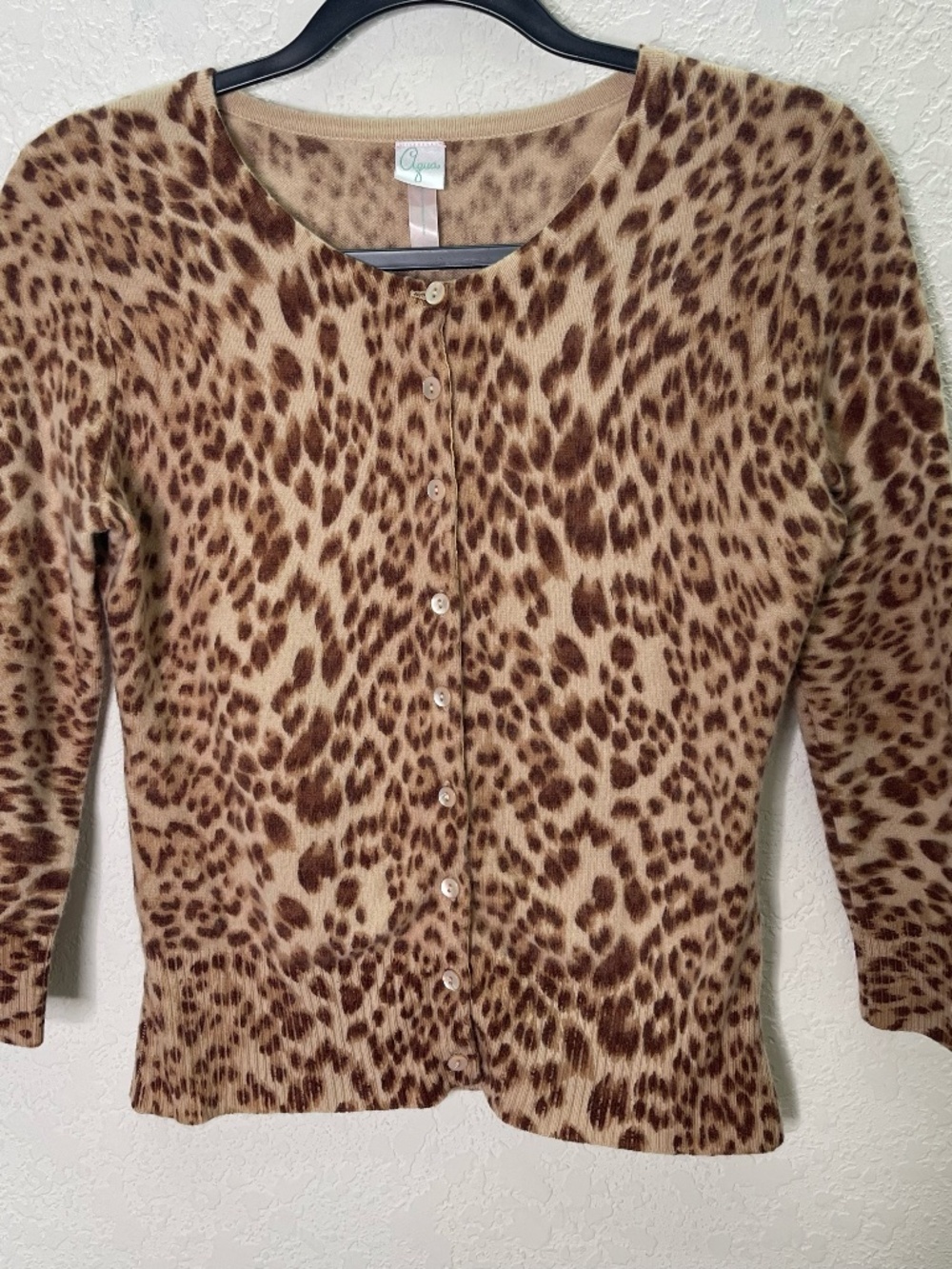 AQUA Cashmere Womens M 100% Cashmere Leopard Print Cardigan Brown Tan